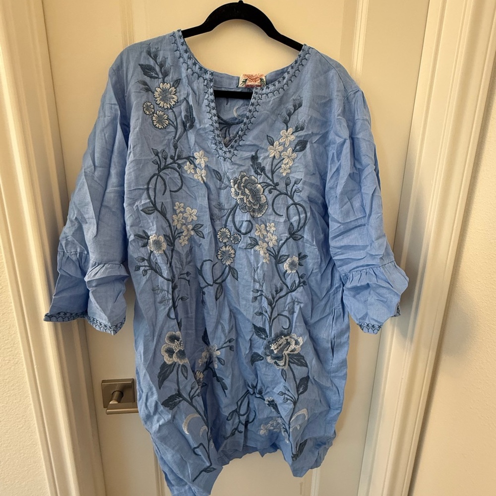 Johnny Was Blue Floral Embroidered Dress